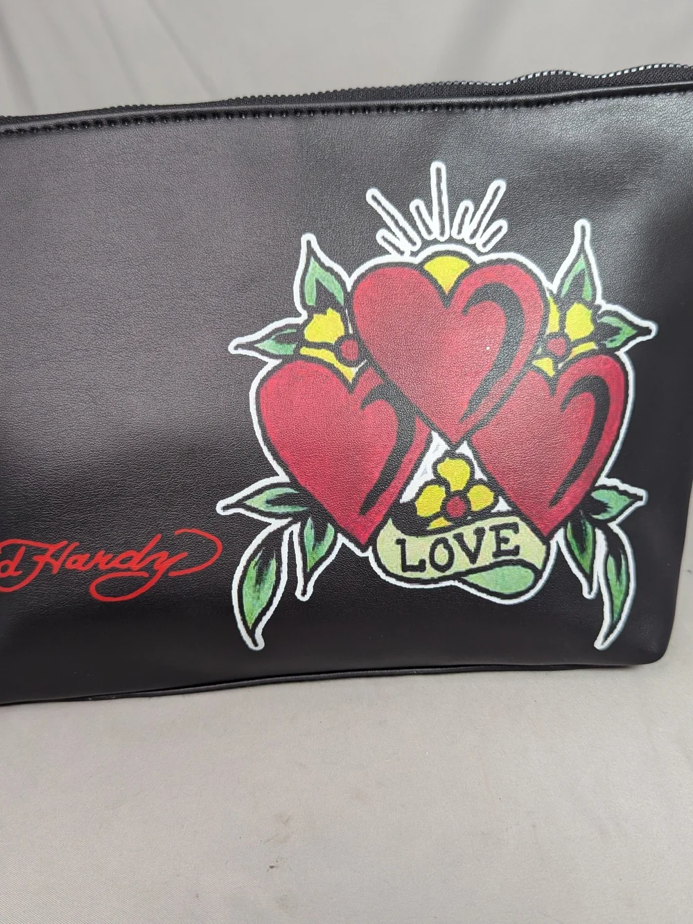 ED Hardy Cosmetic Bag Make Up Travel Black Heart Love Tattoo Style Large Vegan